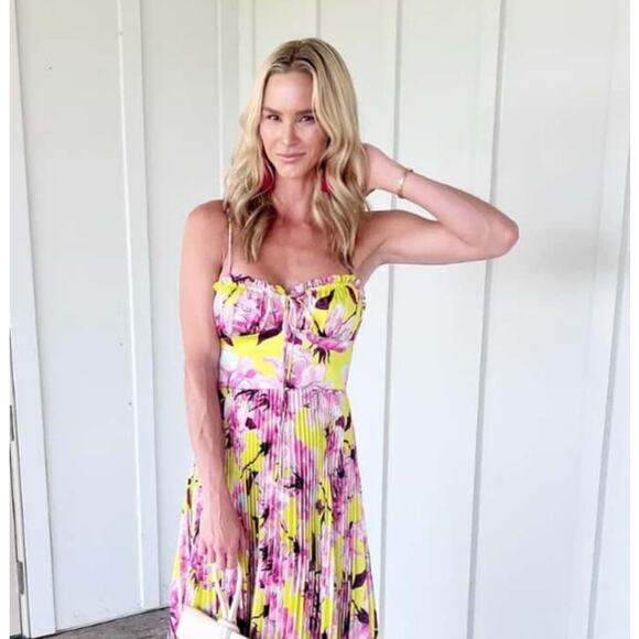 Delfi Collective Floral Pleated Midi Dress Size Small Pink Yellow Bustier - Picture 11 of 12